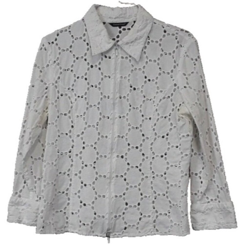 Samuel Dong‎ Womens Jacket Medium White Eyelet Zipper Front Wearable Art Classic